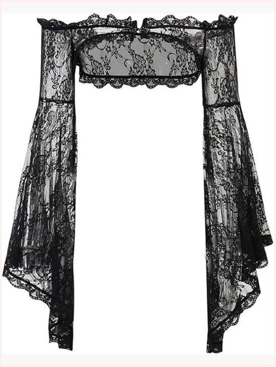 Tops - Gothic Long Sleeve Crop Top Lace Shrug Grunge Y2k Party Top